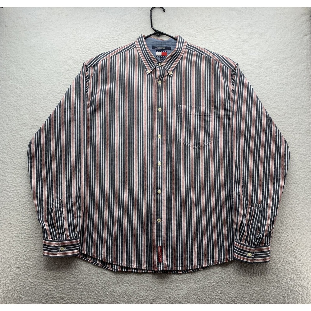 Tommy Jeans Button Up Shirt Mens XL Blue Red Striped Y2K Party Retro Vibe Dad